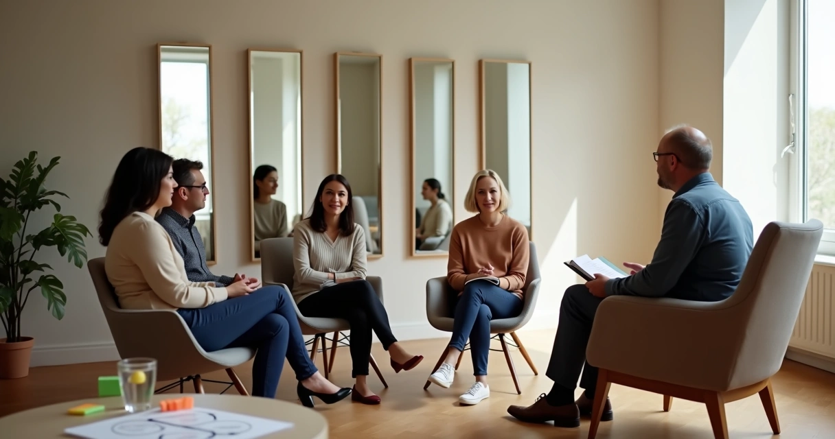 Coach refletido em espelhos conduzindo roda de conversa focada em interdependência 