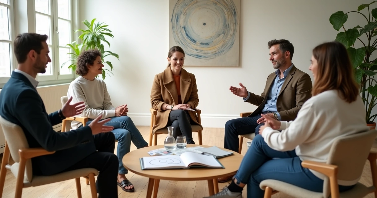 Coach guiding small circle of adults in calm sunlit room 