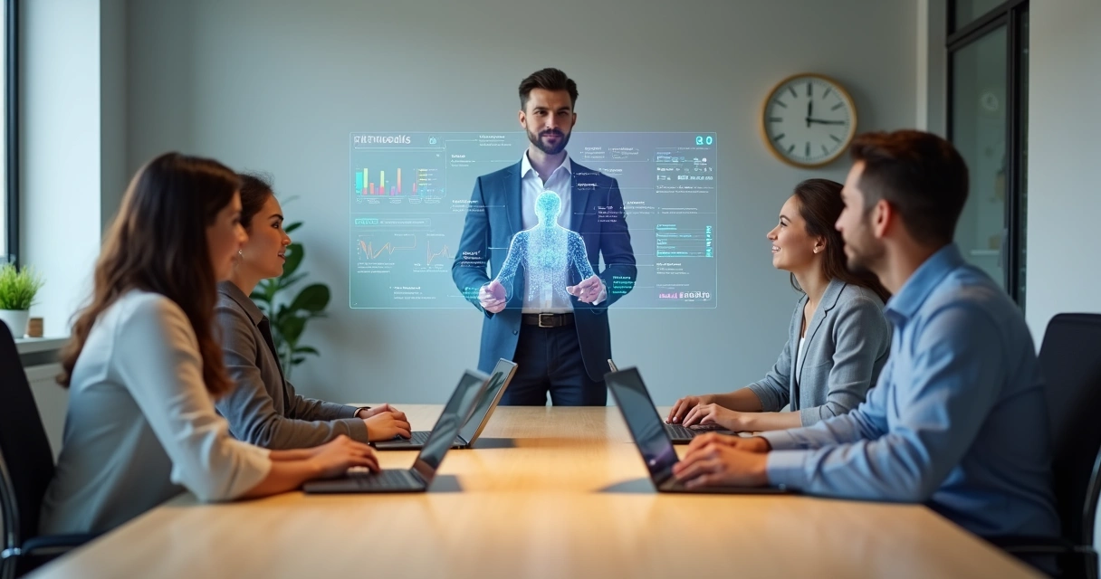 Gestor de PME conversa com coach de IA em tela holográfica ao lado do time 