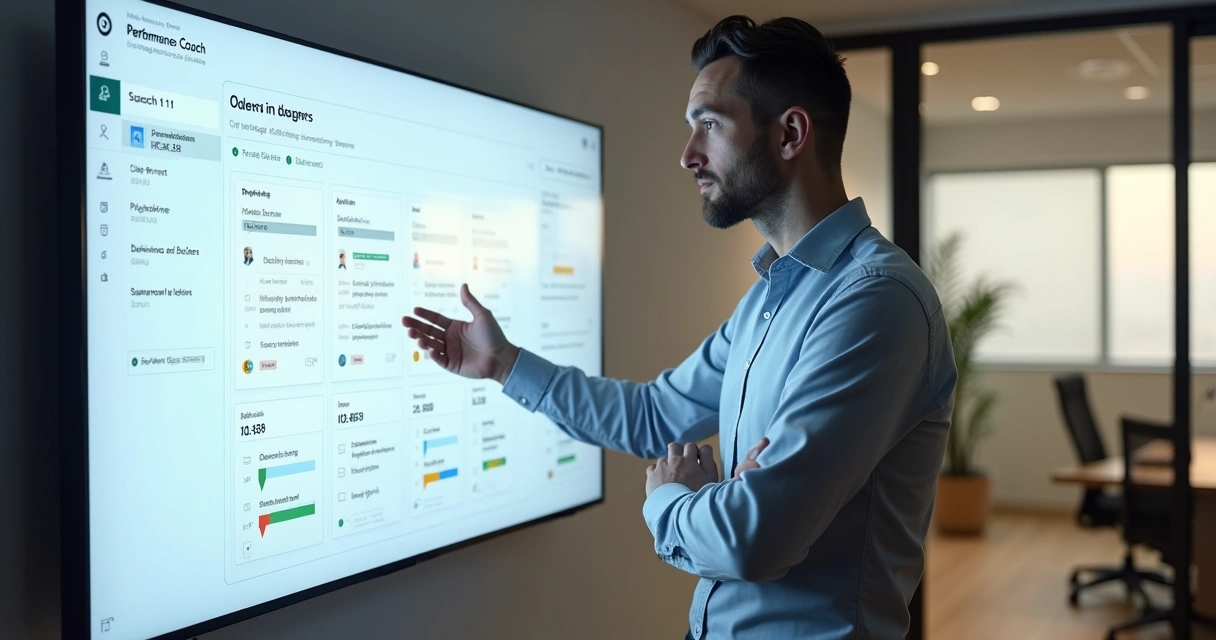 Gestor de PME observando painel digital com evidências de desempenho do time 
