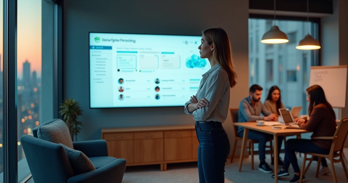 Gestora de PME observa painel digital com coach de IA guiando metas do time 