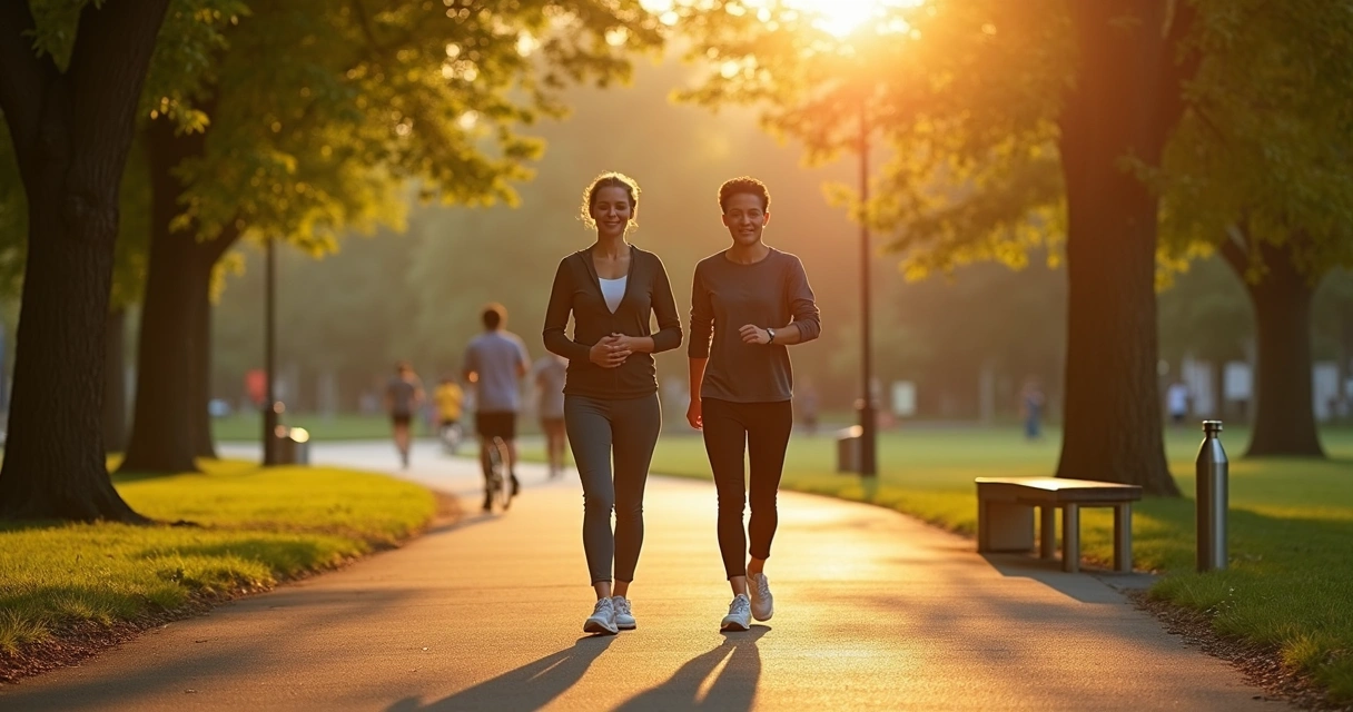 Coach conduz prática de meditação ativa caminhando com cliente em parque urbano 