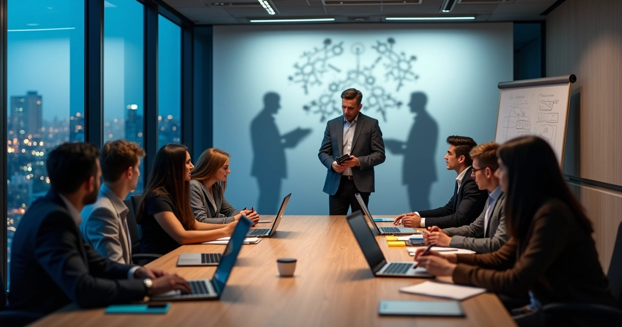 Executive coach observing team meeting with shadow overlay on office wall 