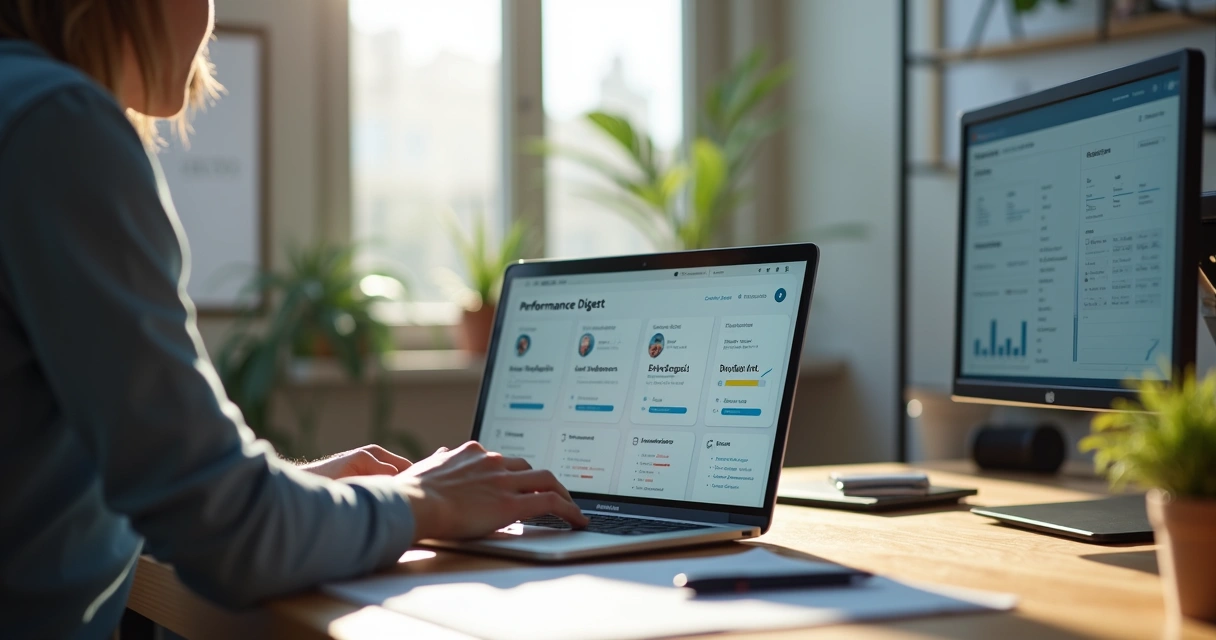 Gestor analisando painel com indicadores de colaborador e assistente virtual em laptop 