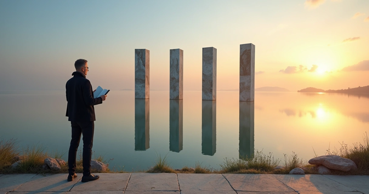 Coach overlooking landscape of five stone pillars at sunrise 