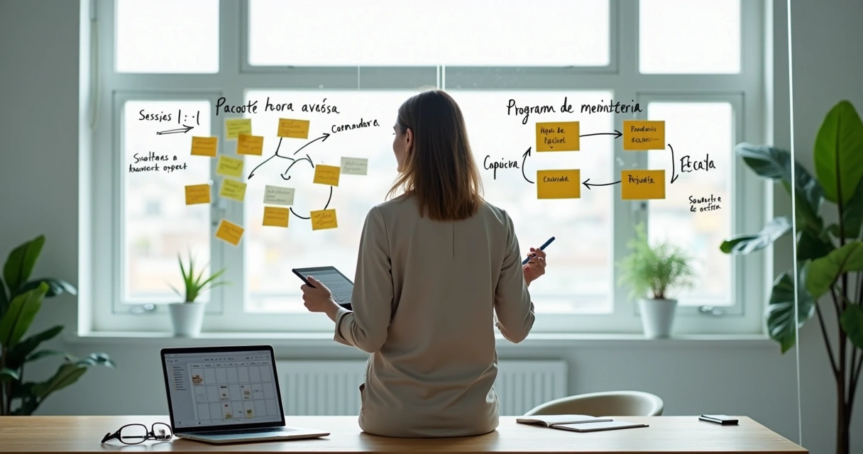 Coach em escritório organizando modelo de negócios de mentoria em quadro 