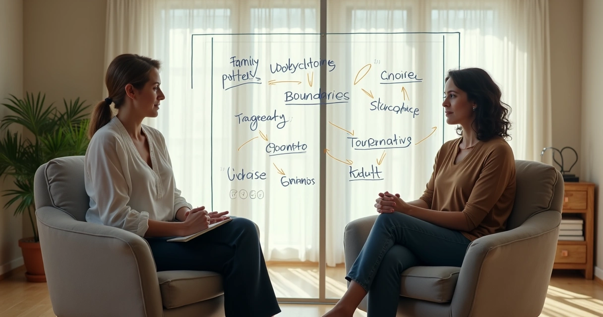 Coach and client in calm office exploring family patterns on glass board 