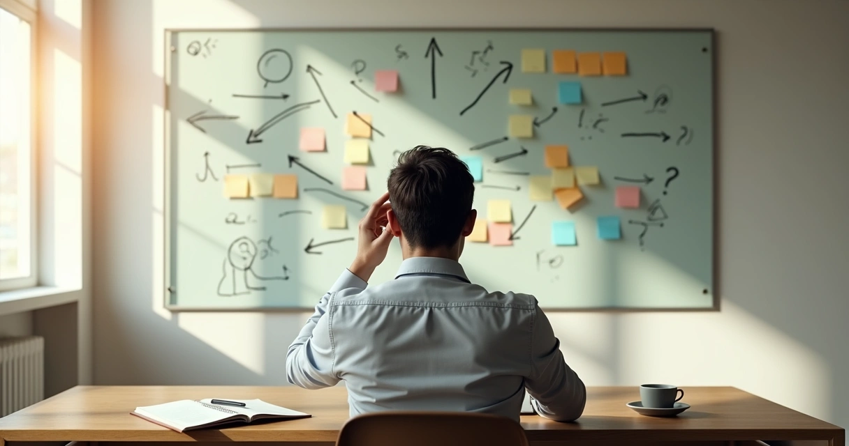 Coachee refletindo diante de várias setas apontando em direções opostas 