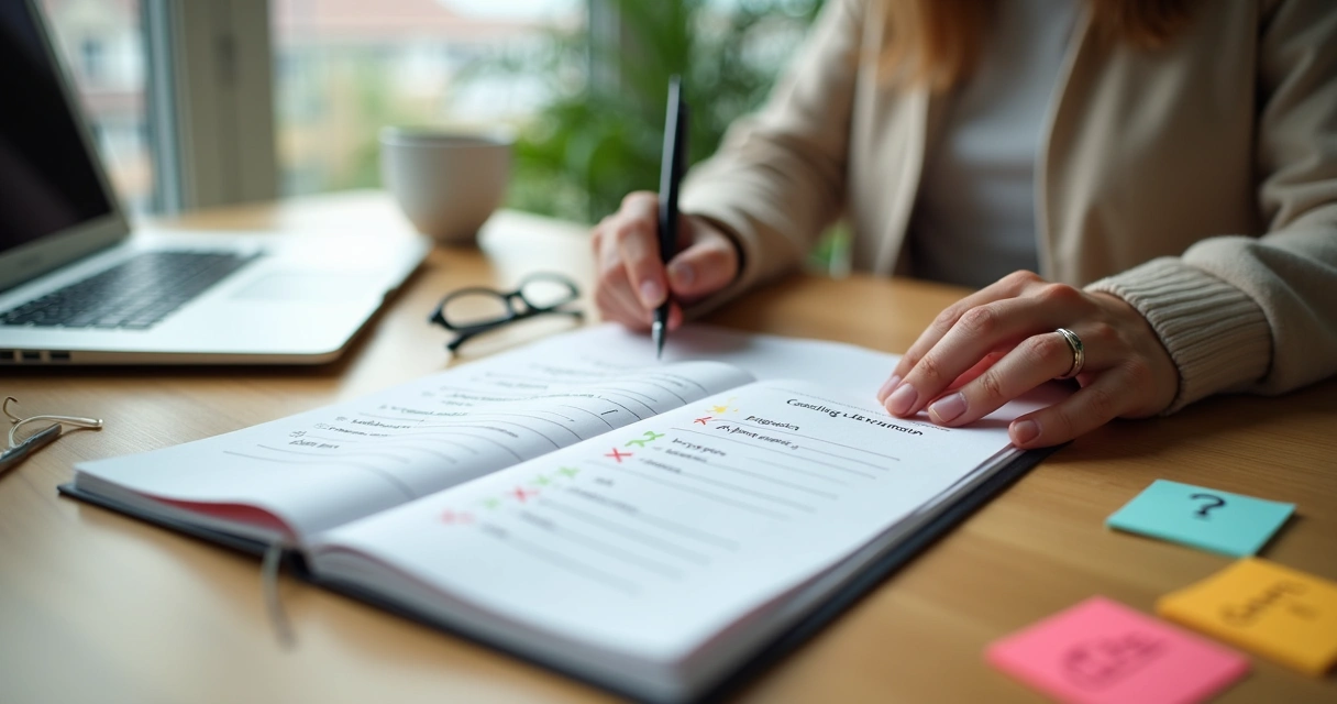 Pessoa refletindo com caderno de coaching e marcações de erros e acertos 