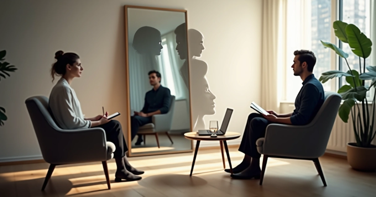 Pessoa em sessão de coaching encarando o próprio reflexo fragmentado em um espelho 