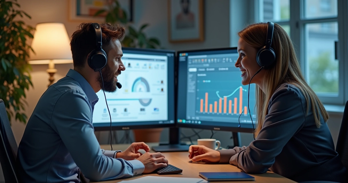 Gestor comercial ouvindo chamada de vendas do vendedor