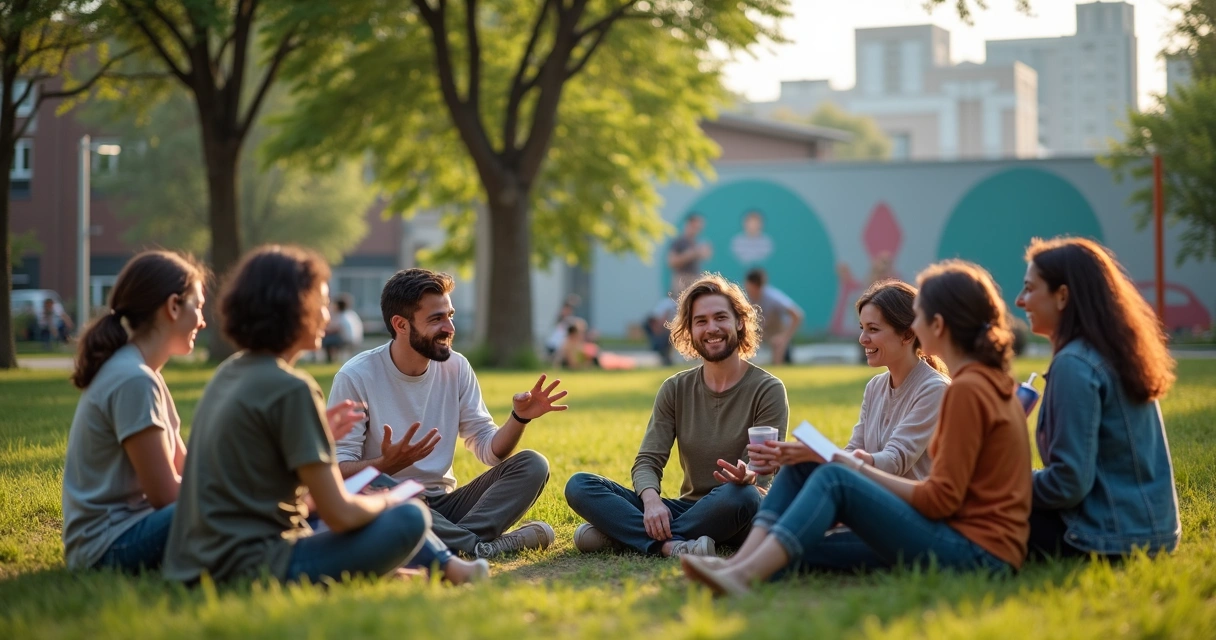 Grupo diverso en sesión de coaching comunitario al aire libre 