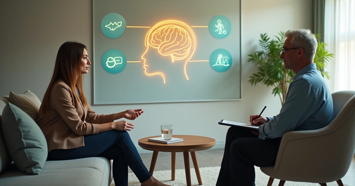 Coach y coachee conversando frente a un esquema luminoso de mente y emociones 
