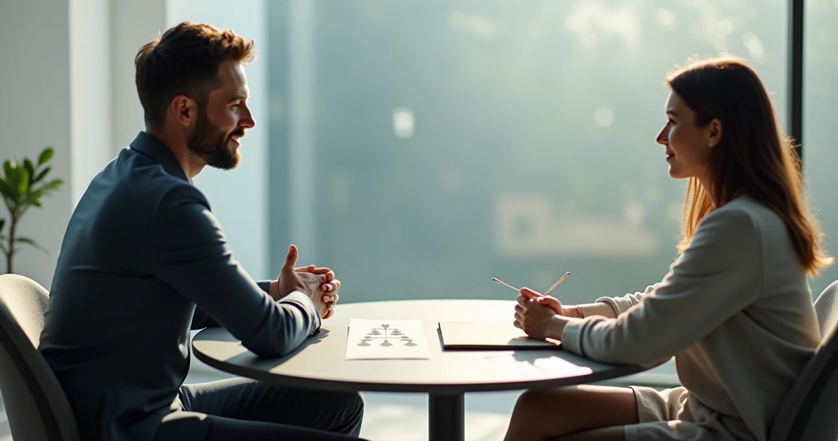 Coach and client in conversation with subtle hierarchy shown through body language 