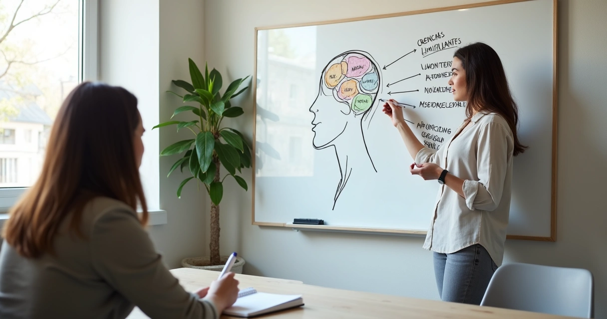 Coach apontando para desenho de mente humana com crenças limitantes em um quadro branco 