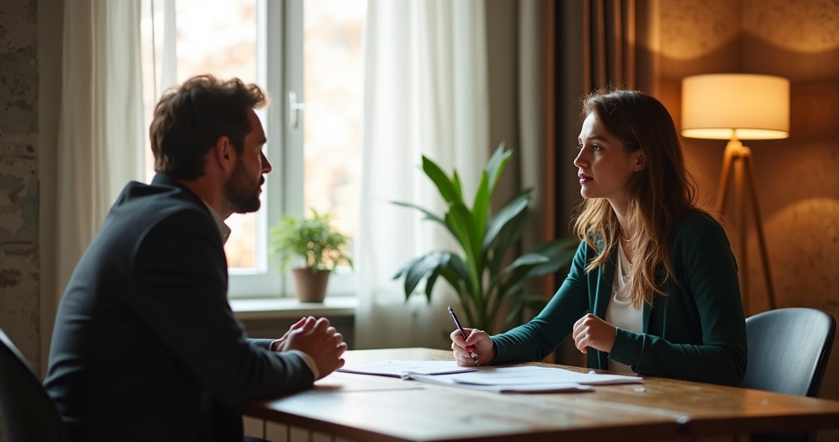 Dos personas sentadas frente a frente dialogando, gesto empático 