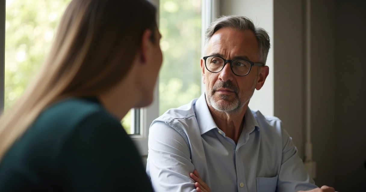Coach ouvindo atentamente em sessão individual, ambos focados, atmosfera tranquila 