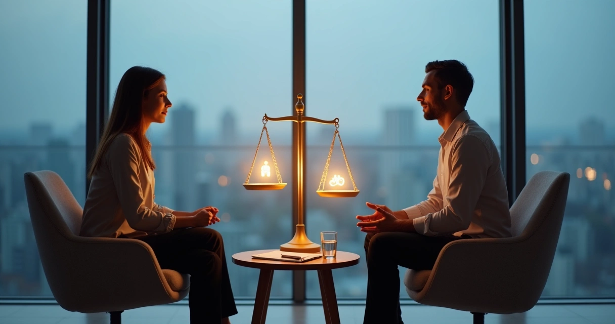 Coach y coachee conversan frente a una balanza de justicia luminosa 