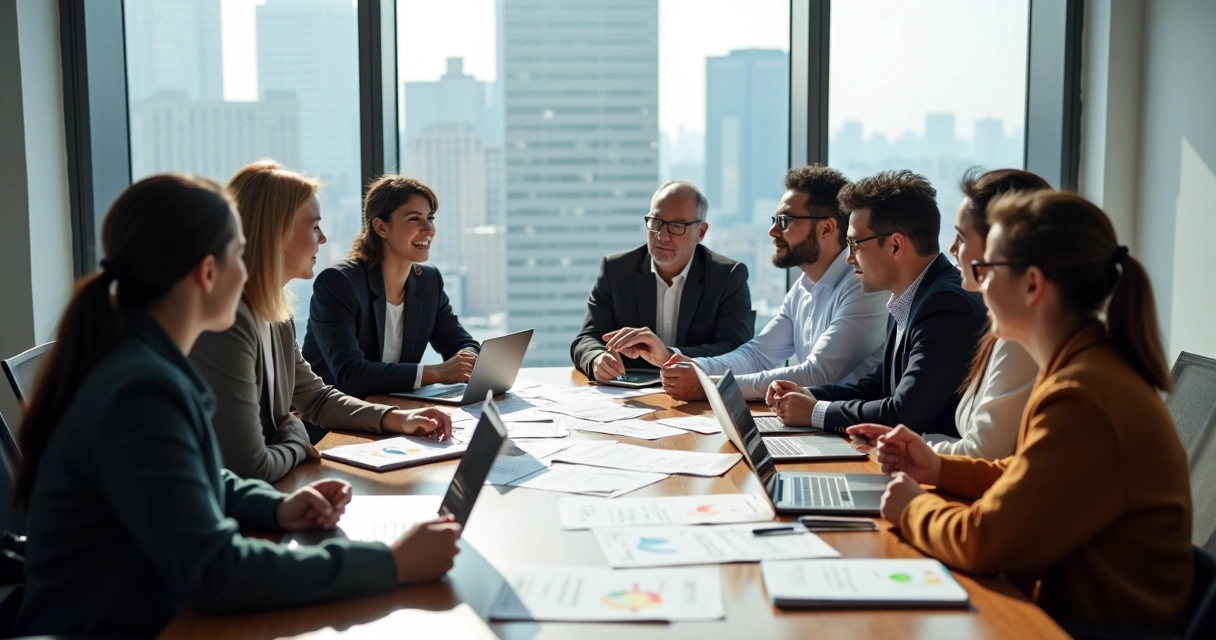 Group of coaches and clients in a meeting, reviewing feedback notes on a table 