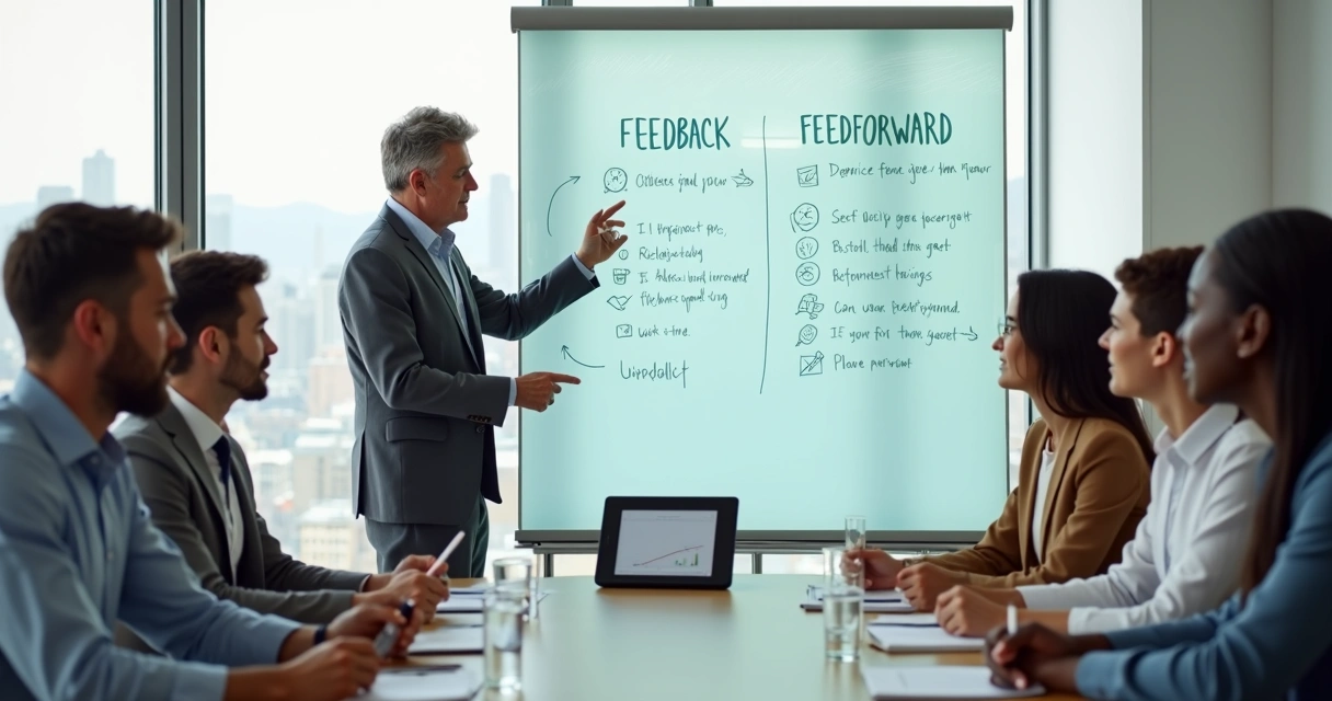 Coach conduz reunião com quadro dividido entre feedback e feedforward 