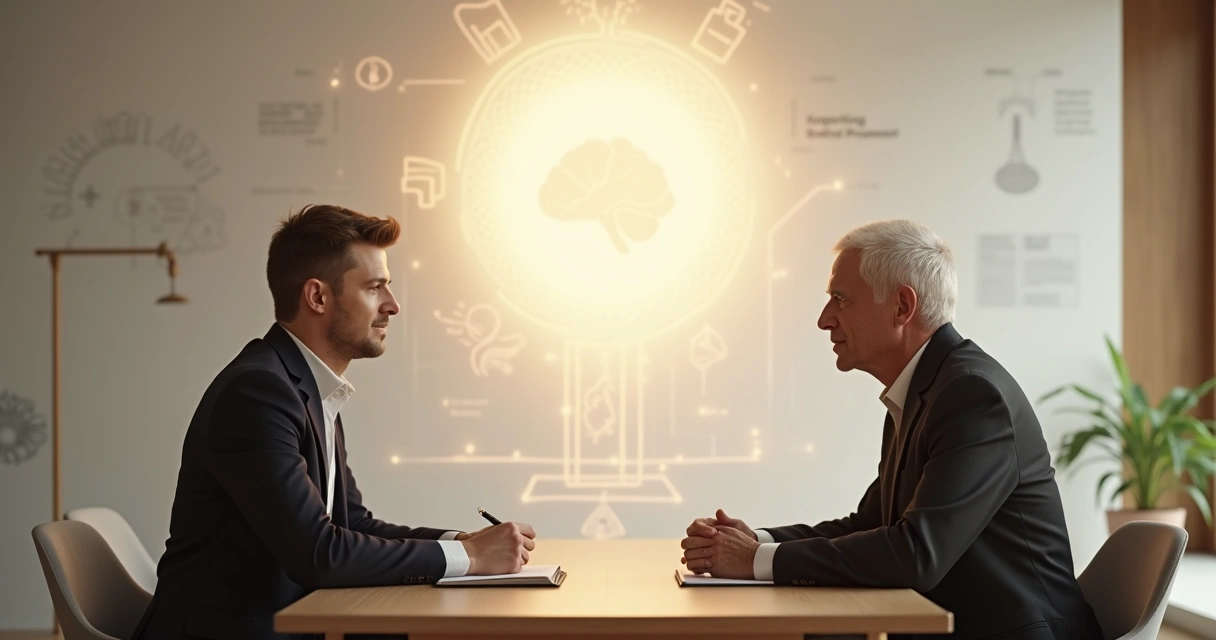 Coach e filósofo sentados frente a frente com luz entre as mentes 