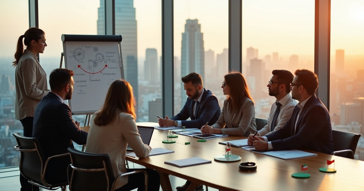 Coach facilitando diálogo entre executivos de diferentes países em sala de reunião moderna 
