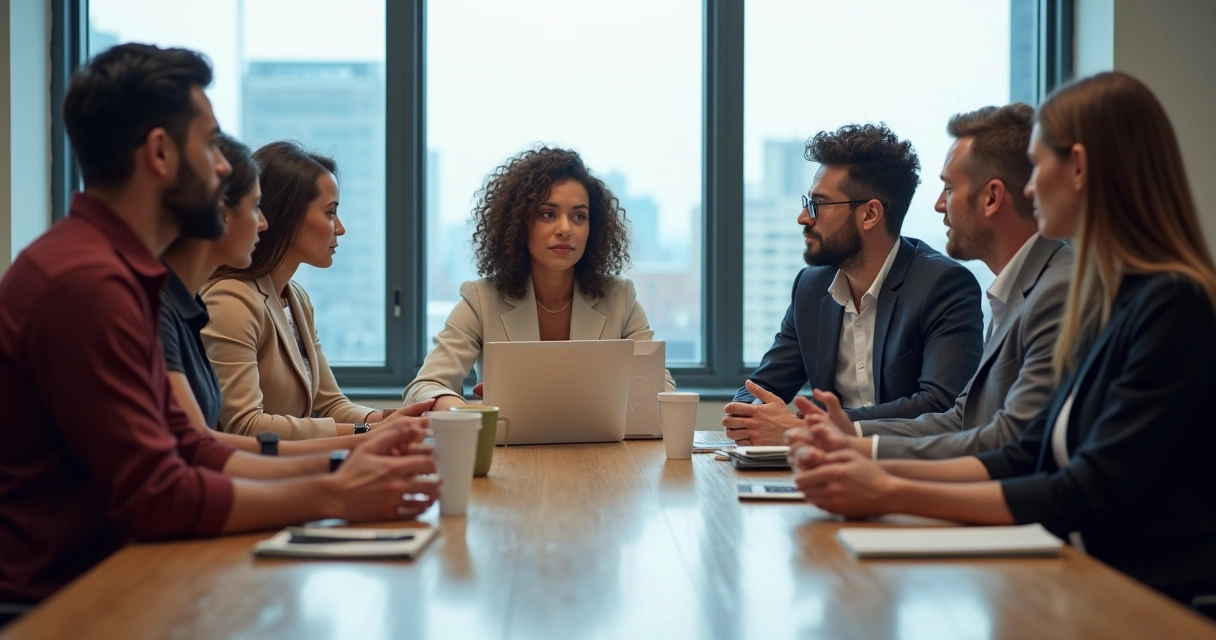 Profissionais de diferentes idades reunidos em uma mesa de reunião 