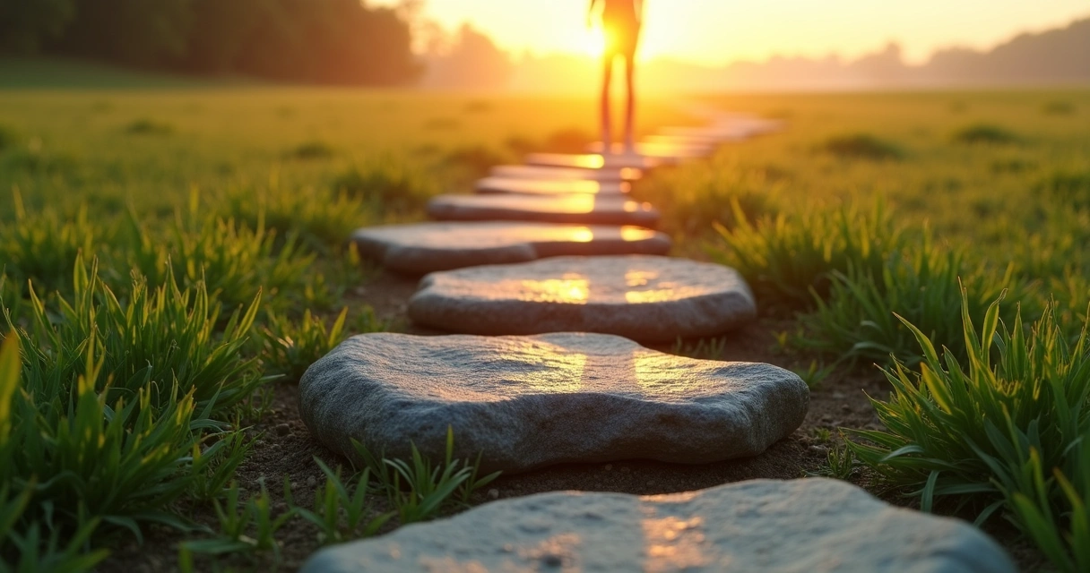 Series of stepping stones leading toward a sunrise in a peaceful landscape 