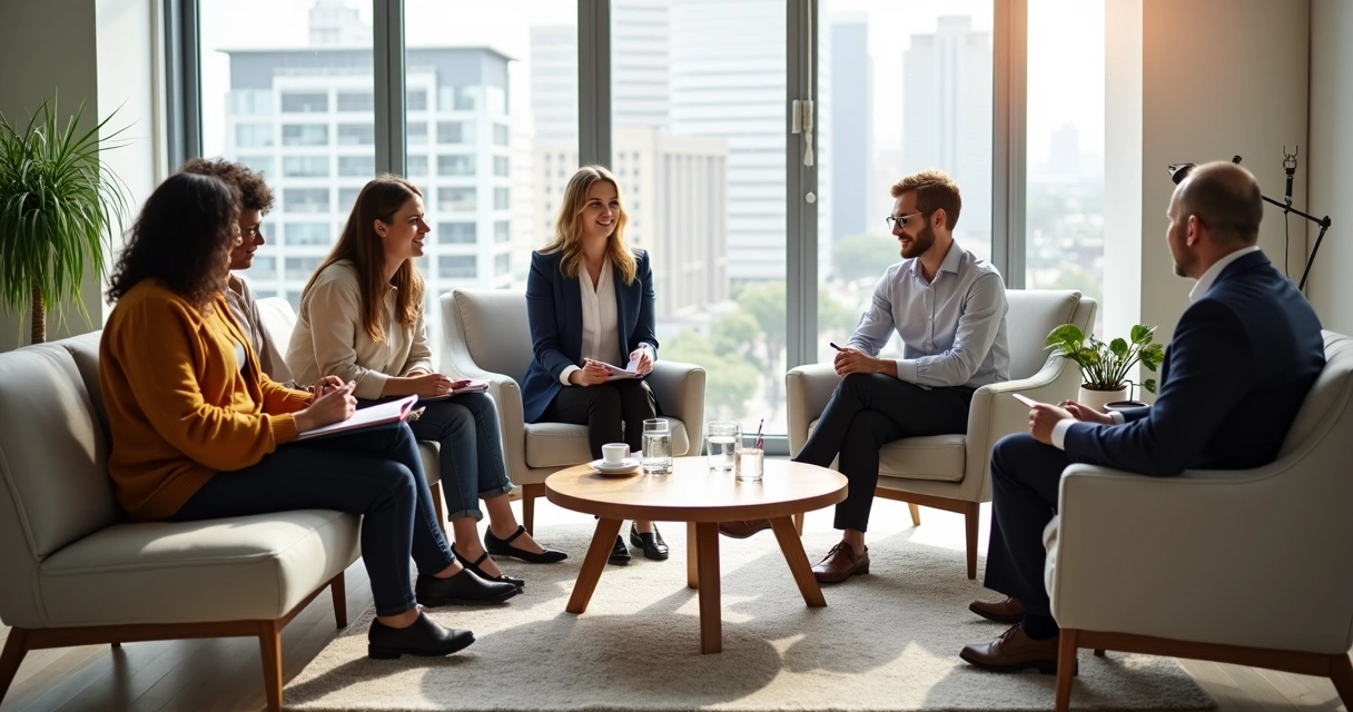Coach guiando a un grupo y a una persona en sesión de coaching 