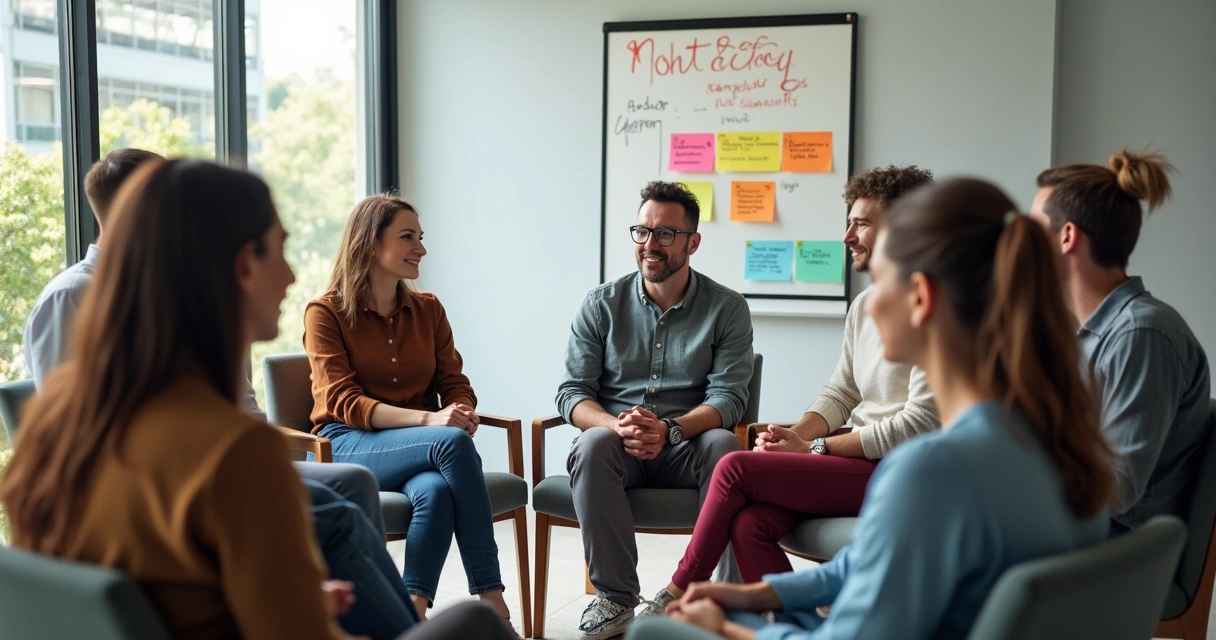 Personas sentadas en círculo participando en una sesión de coaching grupal. 