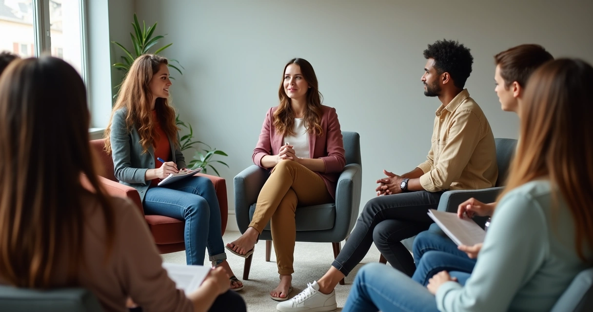 Grupo de pessoas sentadas em roda durante uma sessão de coaching, com expressão de interação e troca de ideias. 