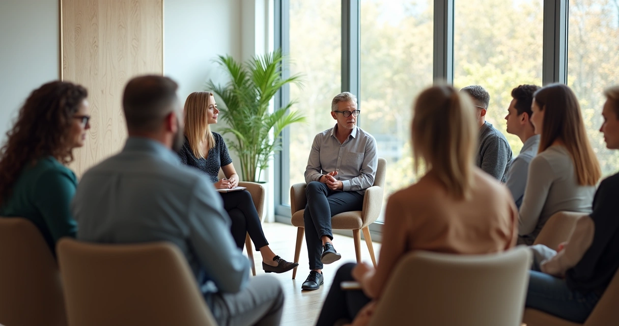 Facilitador conduzindo círculo de coaching em grupo atento e presente 