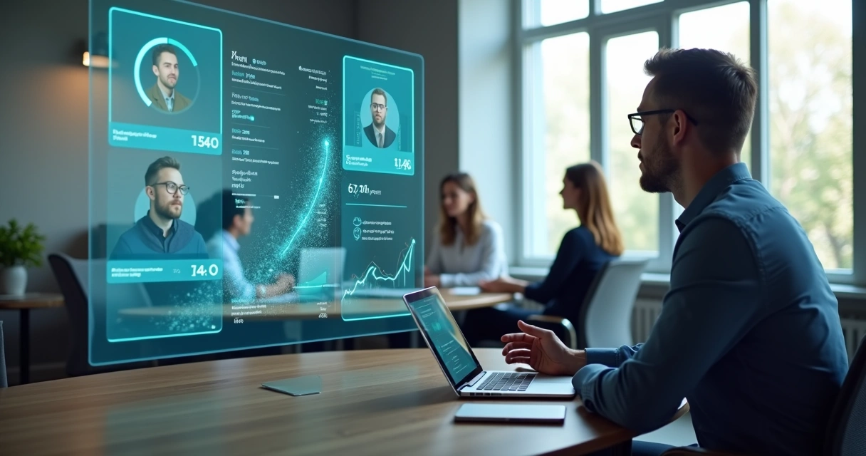 Gestor de vendas em sessão de coaching assistida por IA com equipe em tela holográfica 