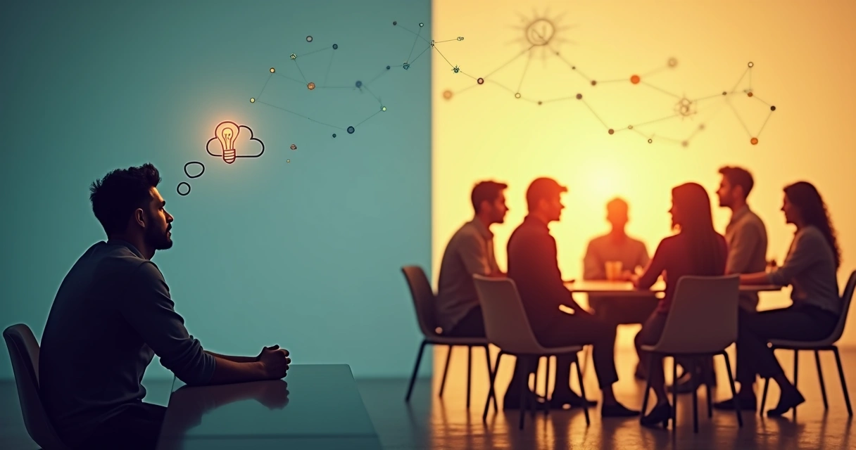 Pessoa refletindo sozinha em contraste com grupo de pessoas interagindo 