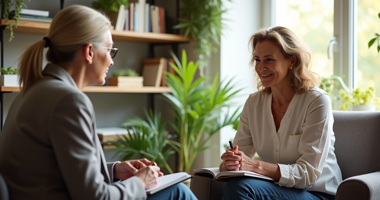 Mujer en sesión de coaching individual, sentada frente a su coach, conversando de forma relajada. 