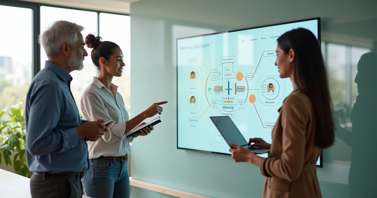 Três gerações colaborando em frente a tela digital estratégica 