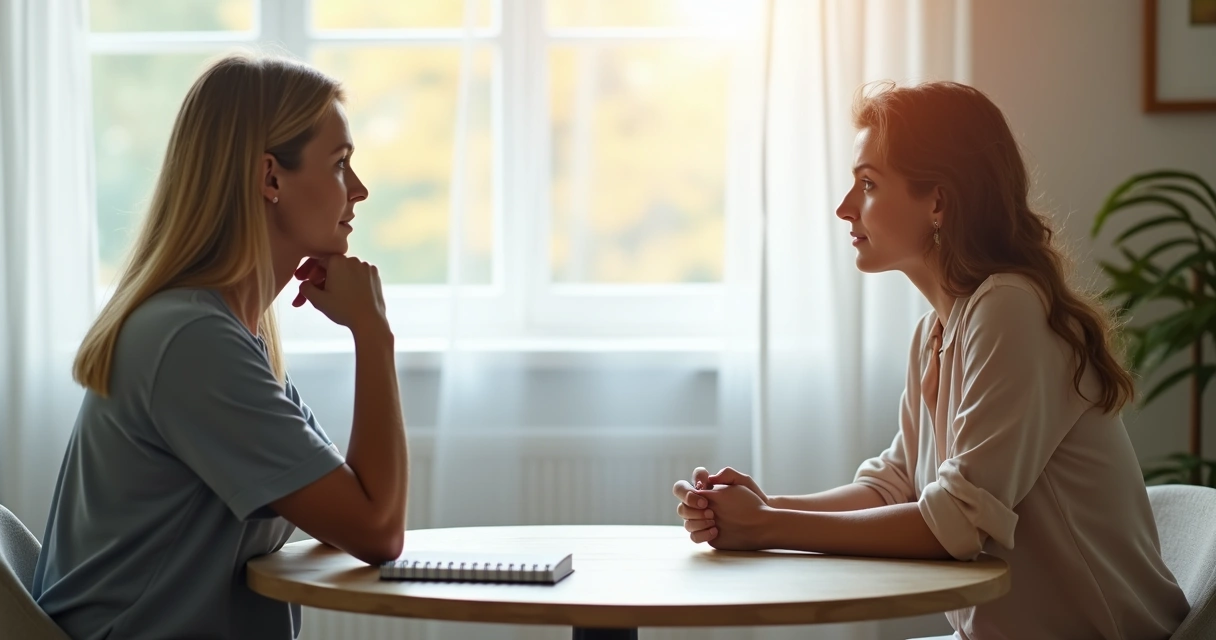 Coach observing client with thoughtful posture 