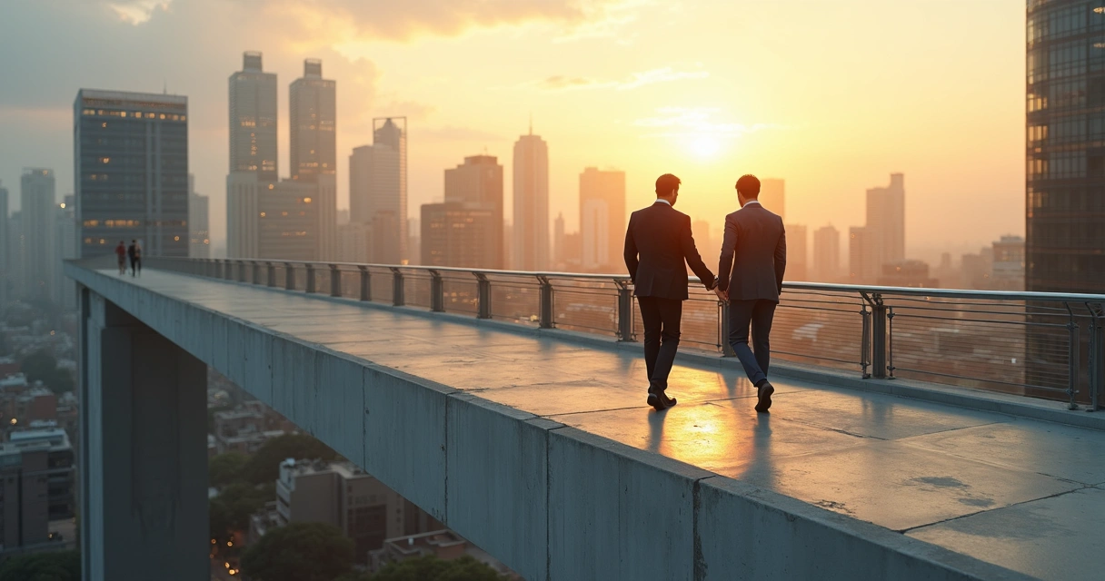 Coach and new leader walking on unfinished skybridge toward sunlit city skyline 