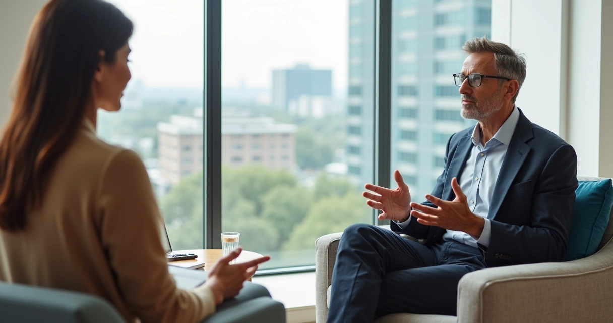 Líder em sessão de coaching compartilhando vulnerabilidade com coach atento 