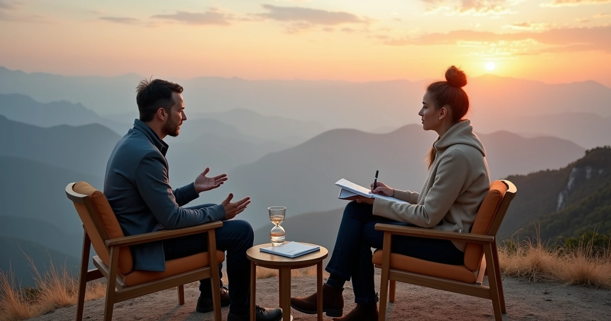 Coach and client on a mountain viewpoint reflecting on personal growth 
