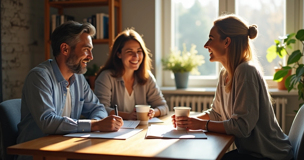 Mentor and coach in a side-by-side discussion with a mentee and coachee, notepads and calm expressions, books and a plant in the background.