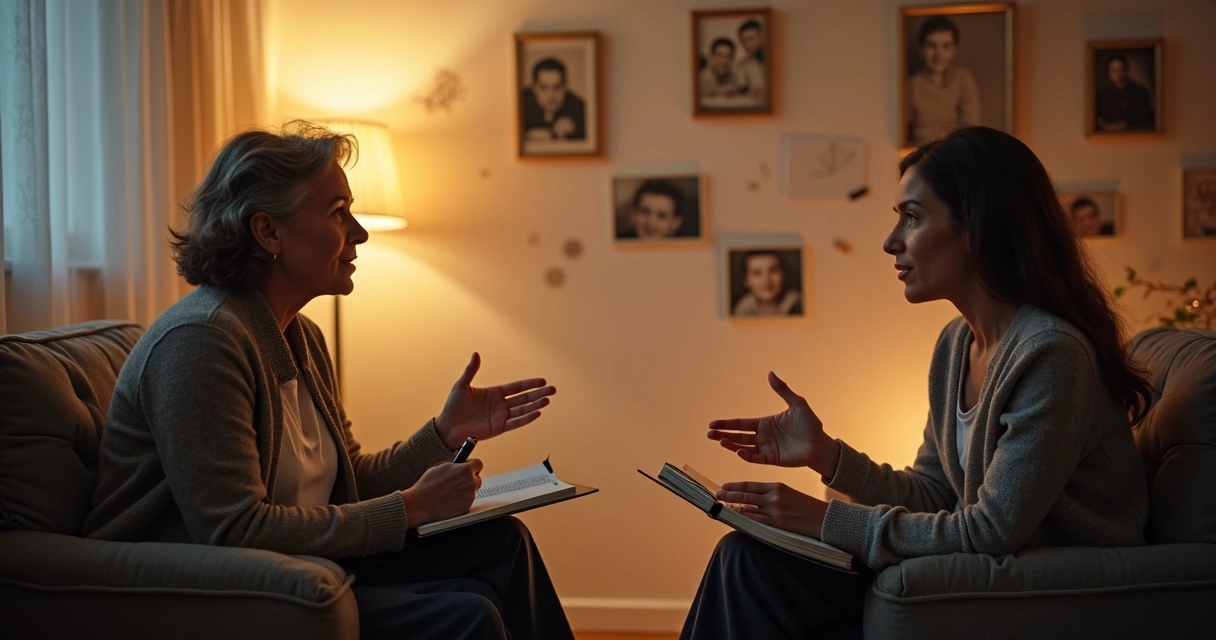 Coach e cliente conversando em uma sala, trocando histórias 