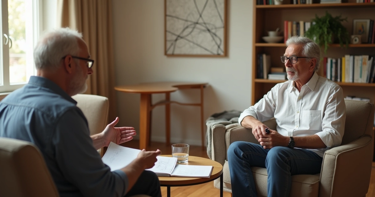 Coach ouvindo cliente enquanto este conta sua história em ambiente de consultório acolhedor 