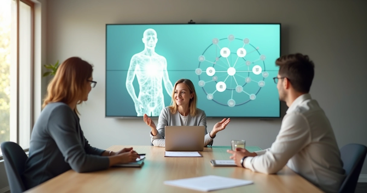 Coach guiando duas pessoas diante de um painel com conexões e silhueta humana em destaque 