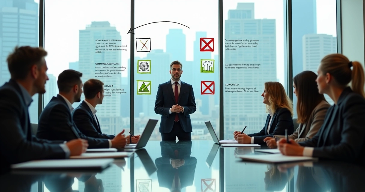 Coach conduz reunião com líderes em sala de reunião moderna 