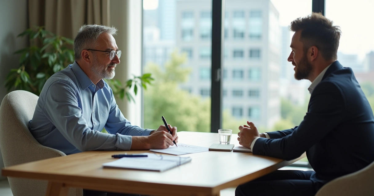 Coach y cliente conversando con preguntas anotadas en una libreta 