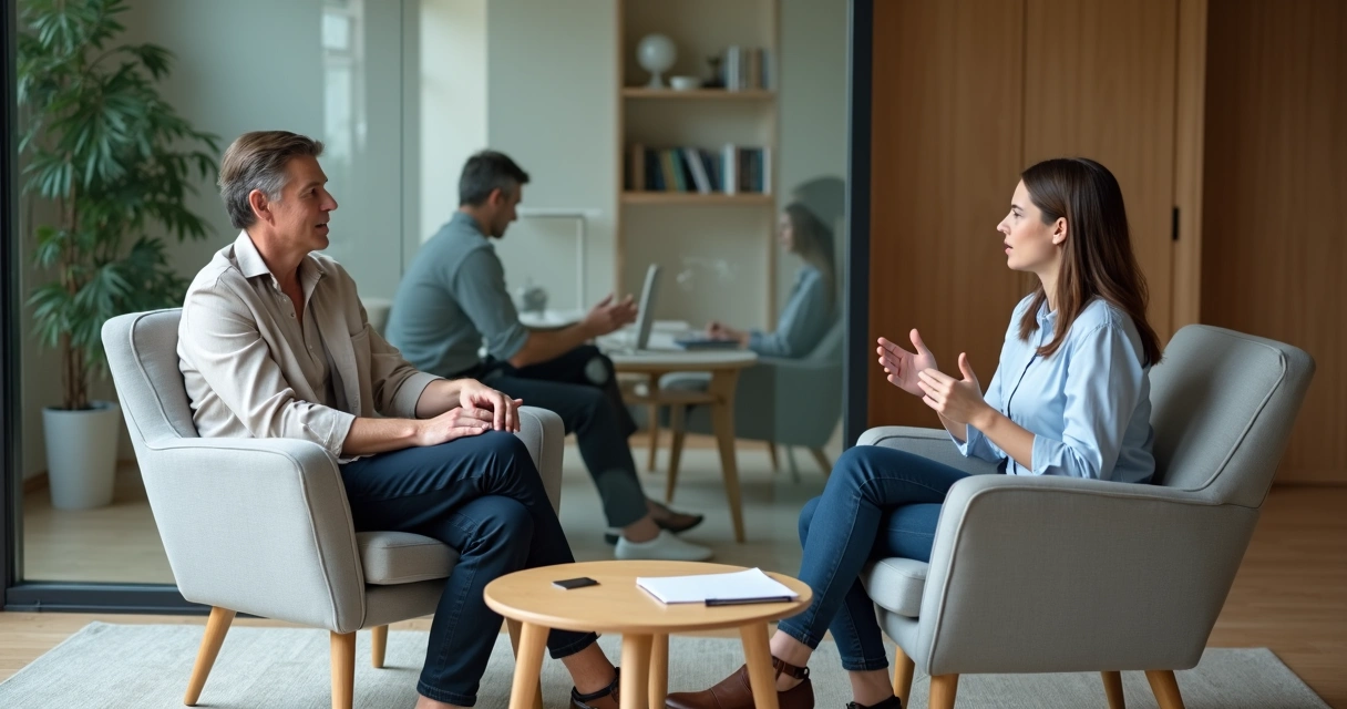 Coach and client reflected in glass wall symbolizing projection in conversation 