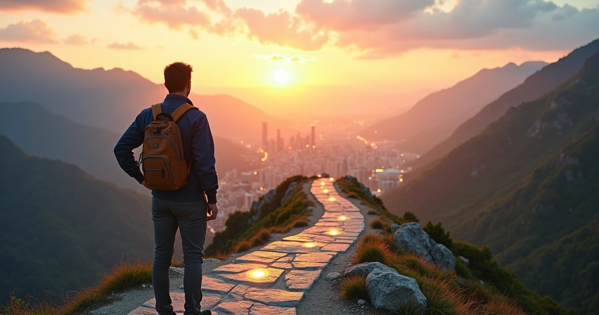 Profissional em pé no alto de montanha observando duas trilhas que seguem em direção a uma mesma cidade ao fundo 