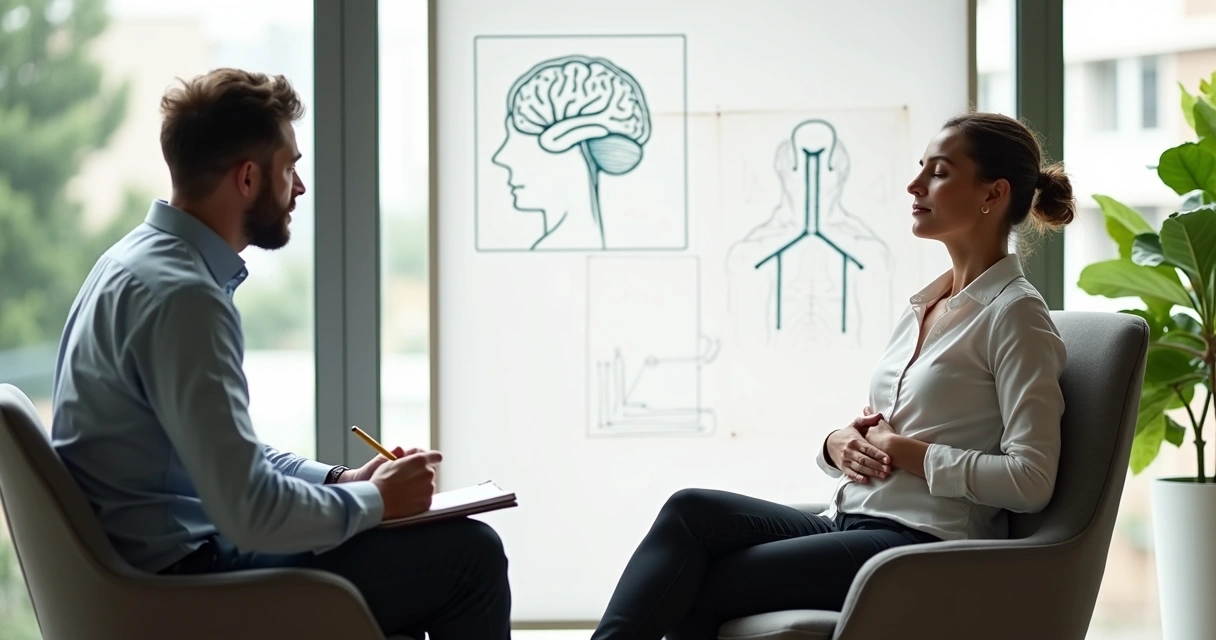 Coach orientando profissional em sessão que integra mente e corpo 