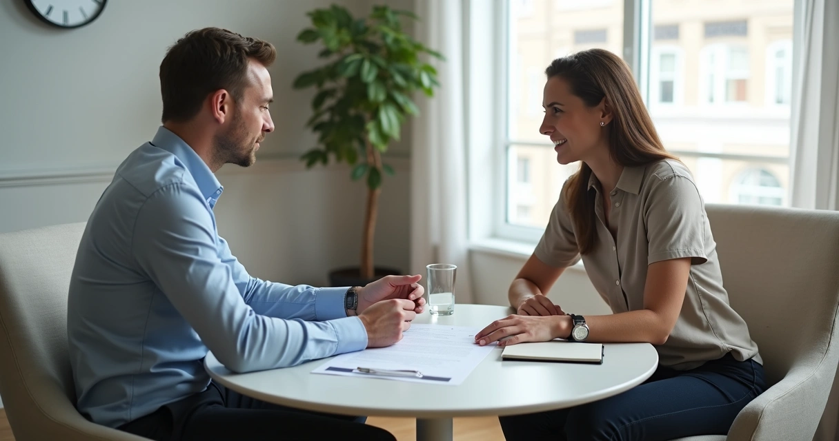 Coach and client reviewing a written agreement in a calm office 